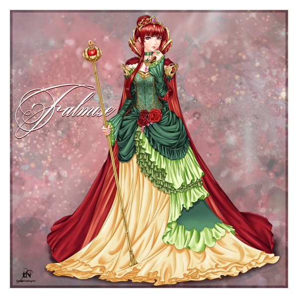 Anime picture 4000x4000 with original falmise sonofre thenightwishmaster single long hair looking at viewer highres standing purple eyes absurdres red hair lips character names girl dress flower (flowers) cape ring staff crown