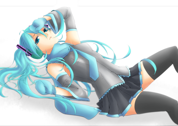 Anime picture 3035x2149 with vocaloid hatsune miku buretin single long hair highres twintails aqua eyes aqua hair girl thighhighs black thighhighs scarf