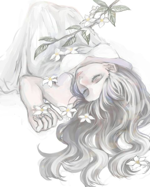 Anime picture 1024x1280 with original ajino motoko single long hair tall image lying eyes closed grey hair on back girl dress flower (flowers) white dress branch