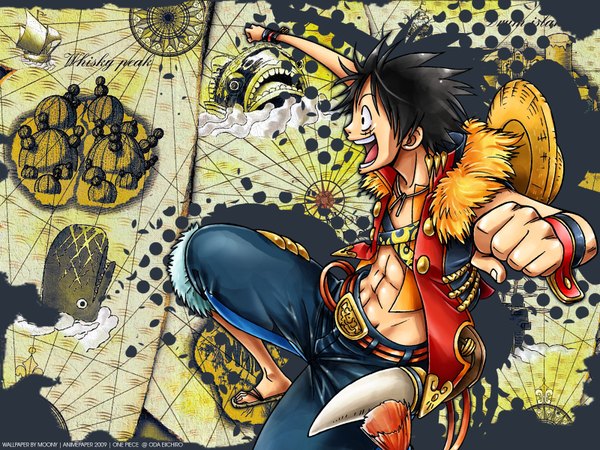 Anime picture 1600x1200 with one piece toei animation monkey d. luffy laboon single fringe short hair open mouth black hair smile hair between eyes looking away profile black eyes teeth fur trim outstretched arm scar muscle hat removed