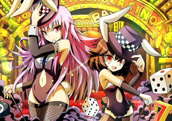 Anime picture 2000x1413 with touhou reisen udongein inaba inaba tewi givuchoko long hair highres short hair light erotic black hair red eyes multiple girls animal ears pink hair bunny ears bunny girl girl thighhighs navel 2 girls hat