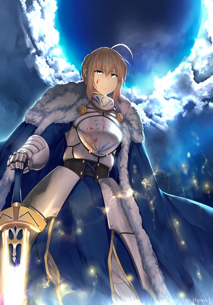 Anime picture 3500x5000 with fate (series) fate/stay night type-moon artoria pendragon (all) saber hews single long hair tall image fringe highres blonde hair standing holding green eyes signed looking away absurdres sky cloud (clouds)