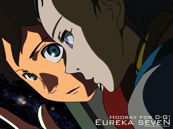 Anime picture 1282x960 with eureka seven studio bones eureka renton thurston purple eyes aqua eyes couple close-up vector girl boy star (stars)