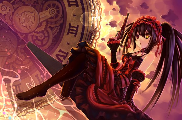 Anime picture 2000x1323 with date a live tokisaki kurumi yori. single long hair highres black hair red eyes twintails yellow eyes legs heterochromia girl dress weapon detached sleeves frills gun clock lolita hairband