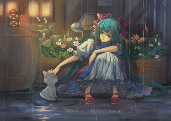 Anime picture 1818x1286 with vocaloid hatsune miku teddy yang single long hair blush highres sitting twintails green eyes full body barefoot green hair night rain girl dress hair ornament flower (flowers) ribbon (ribbons)