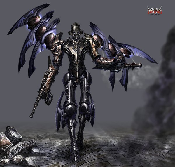 Anime picture 1221x1166 with anima wen-m single simple background smoke mechanical wings weapon wings armor gun