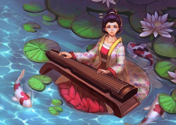 Anime picture 1200x854 with original kalata single looking at viewer short hair sitting purple hair traditional clothes japanese clothes from above lips wide sleeves orange eyes girl hair ornament flower (flowers) animal water kimono fish (fishes)