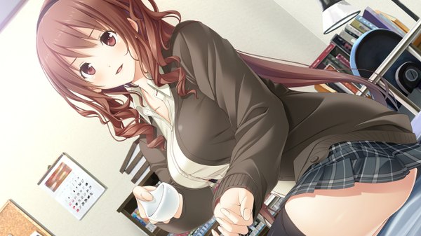 Anime picture 1280x720 with kiss bell giga kajiya ayano mikoto akemi single long hair looking at viewer blush breasts open mouth smile brown hair wide image large breasts sitting brown eyes game cg girl thighhighs skirt