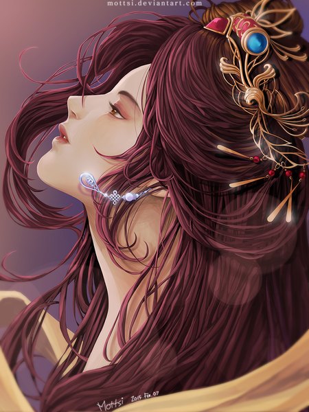 Anime picture 800x1067 with league of legends sona buvelle mottsi (artist) single long hair tall image simple background brown hair signed profile lips orange eyes dated girl hair ornament earrings