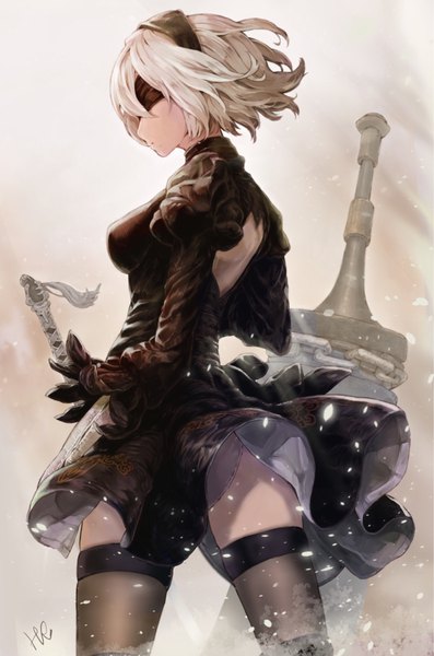 Anime picture 719x1085 with nier nier:automata yorha no. 2 type b hoshizaki reita single tall image short hair light erotic white hair profile wind mole mole under mouth blindfold girl thighhighs dress weapon black thighhighs sword