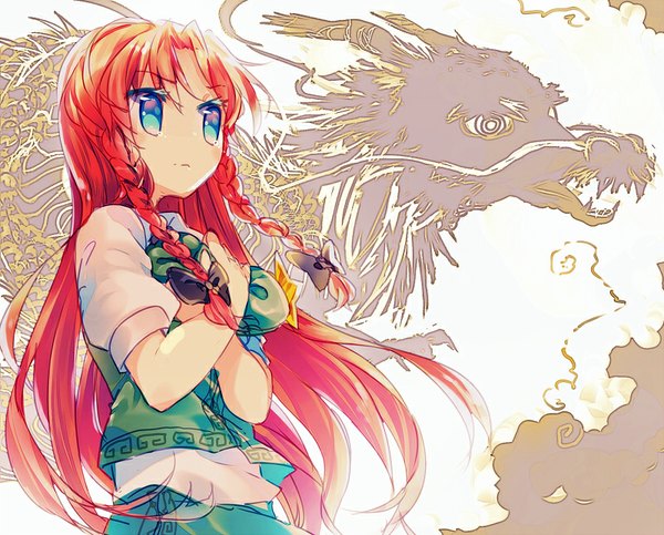 Anime picture 800x644 with touhou hong meiling namie-kun single long hair blush blue eyes looking away red hair braid (braids) twin braids chinese clothes girl bow hair bow beret dragon teardrop