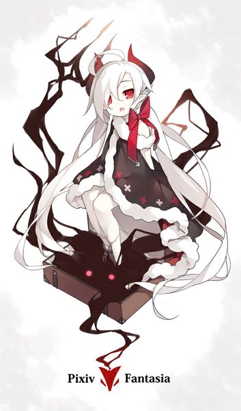 Anime picture 589x1000 with original pixiv fantasia pixiv fantasia t rulu saru (longbb) single tall image looking at viewer fringe simple background red eyes white background sitting ahoge white hair very long hair horn (horns) pointy ears hair over one eye demon girl