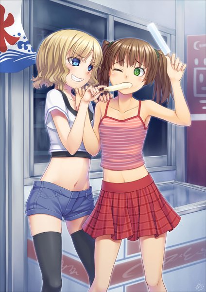 Anime picture 1000x1414 with original h kasei tall image short hair blue eyes blonde hair smile brown hair twintails bare shoulders multiple girls green eyes one eye closed wink short twintails girl thighhighs skirt navel black thighhighs