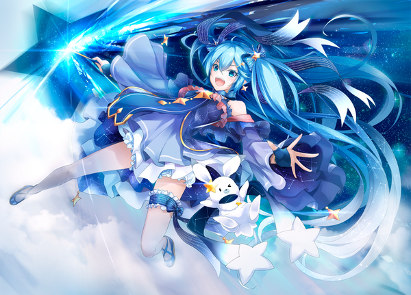 Anime picture 1200x863 with vocaloid star night snow (vocaloid) hatsune miku yuki miku rabbit yukine yuki miku (2017) ajigo single looking at viewer blush fringe open mouth smile hair between eyes twintails bare shoulders holding payot blue hair cloud (clouds)