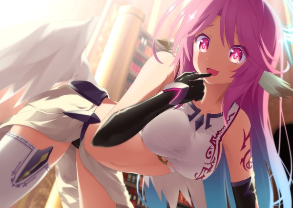 Anime picture 1125x800 with no game no life madhouse jibril (no game no life) haribote (tarao) single long hair looking at viewer blush fringe breasts open mouth light erotic smile large breasts bare shoulders pink hair :d pink eyes arm support bare belly