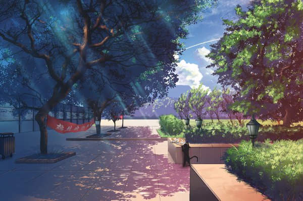 Anime picture 1500x995 with original xingyue ling sky cloud (clouds) outdoors sunlight no people sunbeam plant (plants) animal tree (trees) cat grass lantern road park