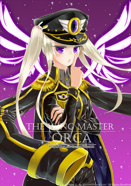 Anime picture 800x1131 with maplestory ini (pixiv5529761) single long hair tall image looking at viewer blush breasts open mouth blonde hair purple eyes twintails finger to mouth girl uniform military uniform flat cap clothes
