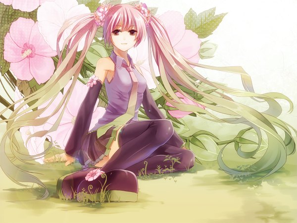 Anime picture 1512x1134 with vocaloid hatsune miku shiramori yuse single looking at viewer sitting twintails bare shoulders very long hair multicolored hair gradient hair girl flower (flowers) detached sleeves