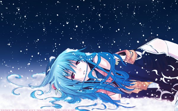 Anime picture 1680x1050 with touhou hinanawi tenshi eretto single long hair red eyes wide image blue hair snowing winter snow girl