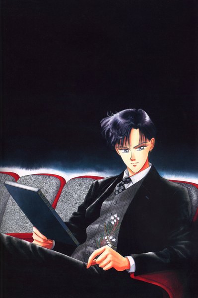 Anime picture 1544x2320 with bishoujo senshi sailor moon toei animation chiba mamoru single tall image short hair black hair sitting light smile grey eyes boy earrings book (books) chair suit armchair