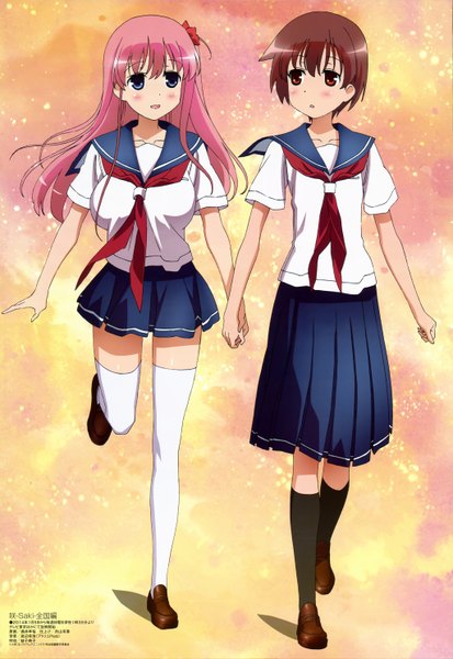 Anime picture 4089x5942 with saki megami magazine haramura nodoka miyanaga saki sakai takahiro long hair tall image blush highres short hair open mouth blue eyes red eyes brown hair multiple girls pink hair absurdres official art holding hands girl