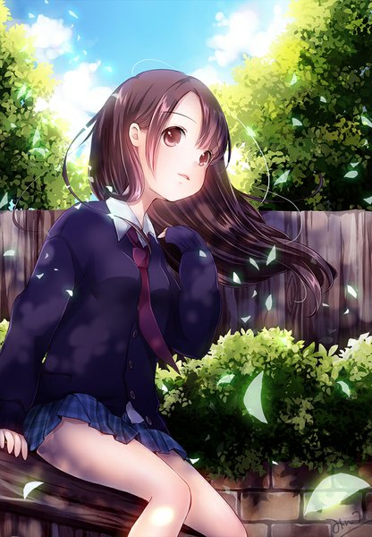 Anime picture 693x1000 with original mintsu (ichi--kun) single long hair tall image brown hair sitting brown eyes signed looking away girl skirt uniform school uniform miniskirt petals necktie jacket fence bushes