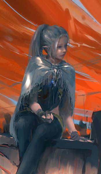 Anime picture 936x1608 with ghost blade yan (ghost blade) wlop single long hair tall image blue eyes sitting bare shoulders ponytail lips pointy ears grey hair mole mole under eye girl gloves fingerless gloves pendant cape