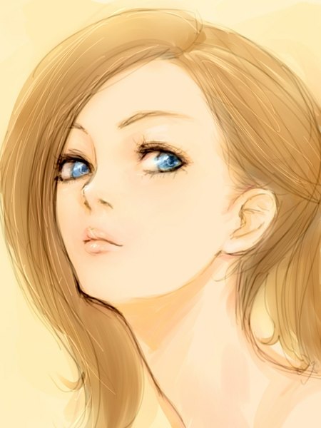 Anime picture 825x1100 with original agahat (artist) single long hair tall image blue eyes simple background blonde hair looking away ponytail portrait yellow background girl