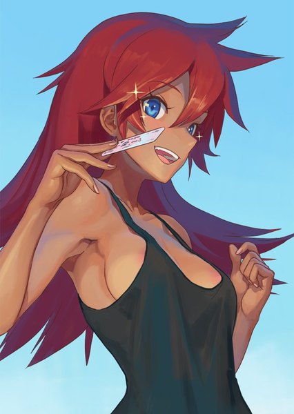 Anime picture 710x1000 with original washi no tosaka single long hair tall image looking at viewer fringe breasts open mouth blue eyes light erotic simple background hair between eyes bare shoulders holding red hair :d sparkle blue background tan