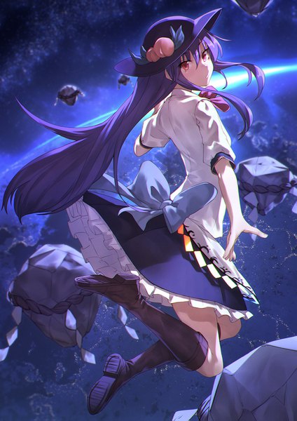 Anime picture 1085x1535 with touhou hinanawi tenshi ibuki notsu single long hair tall image fringe hair between eyes red eyes payot purple hair full body floating hair outstretched arm space midair girl bow hat fruit