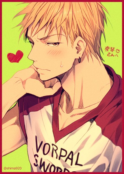 Anime picture 600x839 with kuroko no basket production i.g kise ryouta mashima shima single tall image blush short hair blonde hair simple background signed yellow eyes upper body from above piercing ear piercing framed green background arm around neck boy