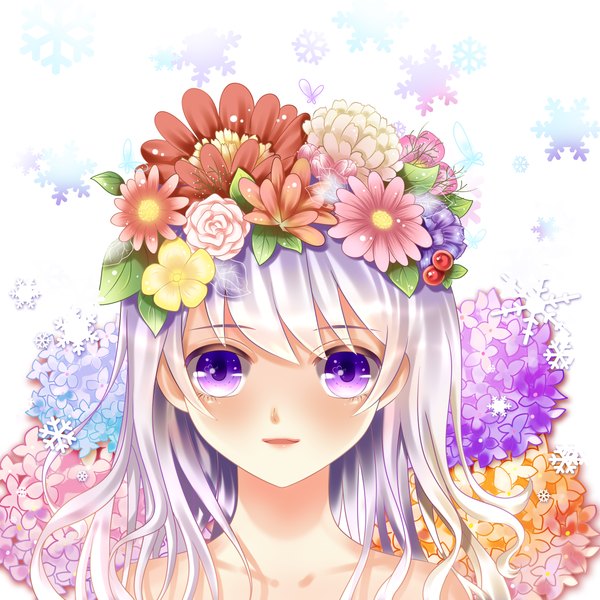 Anime picture 4724x4724 with original yuri (artist) single long hair looking at viewer highres white background purple eyes absurdres upper body white hair hair flower girl hair ornament flower (flowers)
