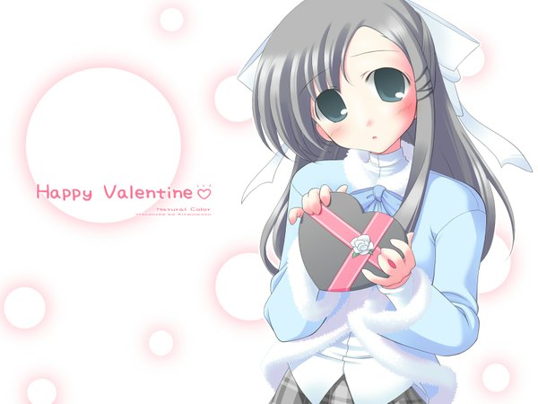 Anime picture 1600x1200 with original kiryu naoto single long hair looking at viewer blush signed grey hair inscription grey eyes wallpaper valentine girl hair ornament bow hair bow heart gift hairpin (hairpins)