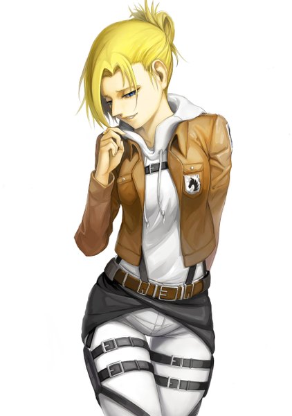Anime picture 950x1350 with shingeki no kyojin production i.g annie leonhart kyokucho single tall image fringe breasts blue eyes simple background blonde hair standing white background light smile looking down girl uniform belt hood thigh strap