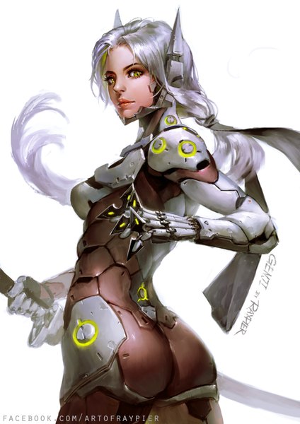 イラスト 2480x3508 と オーバーウォッチ blizzard entertainment genji (overwatch) raypier ソロ 長髪 長身像 highres light erotic simple background 白背景 緑の目 signed looking away 銀髪 尻 looking back character names lipstick low ponytail