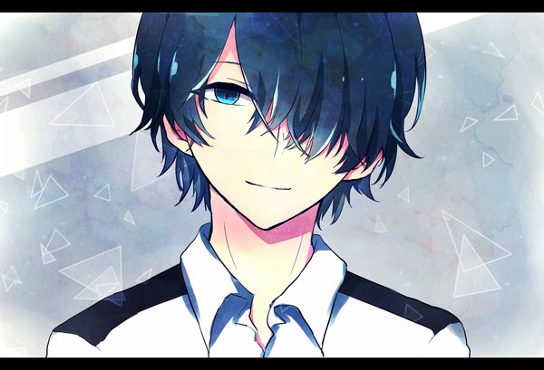 Anime picture 1100x750 with original ringomaru single looking at viewer fringe short hair blue eyes smile blue hair hair over one eye grey background portrait boy