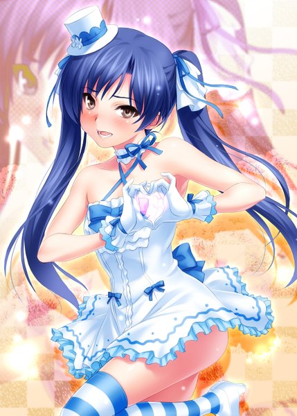 Anime picture 1000x1399 with idolmaster kisaragi chihaya zen (kamuro) single long hair tall image looking at viewer blush open mouth twintails brown eyes blue hair heart hands girl thighhighs dress bow hat heart striped thighhighs