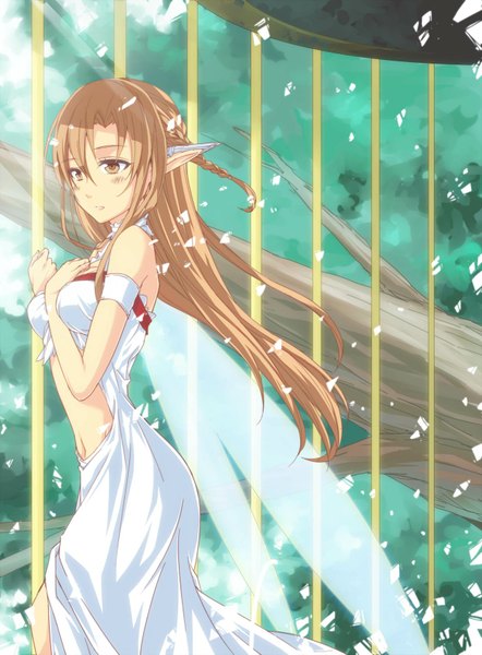 Anime picture 1240x1681 with sword art online a-1 pictures yuuki asuna titania (alo) single long hair tall image blonde hair standing bare shoulders brown eyes looking away pointy ears transparent girl navel plant (plants) wings tree (trees) branch