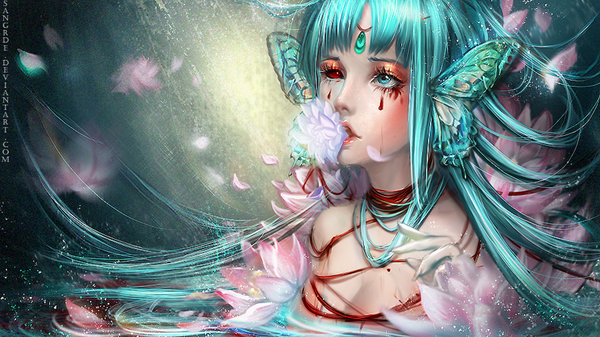 Anime picture 1280x720 with sangrde single long hair wide image holding signed aqua hair heterochromia mouth hold looking up flower in mouth girl gloves flower (flowers) petals blood water lily