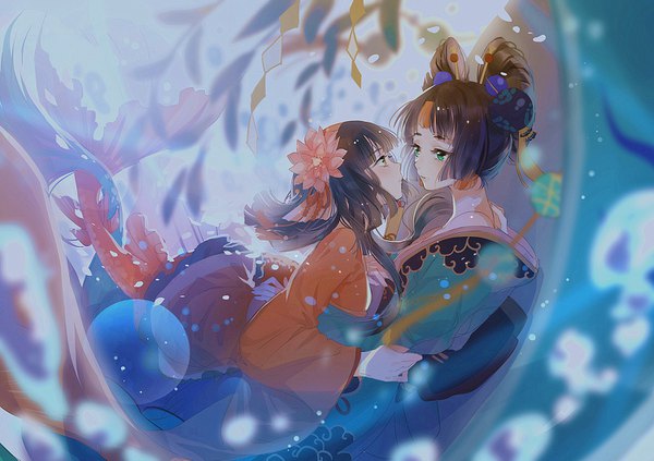 Anime picture 1500x1059 with onmyoji miemia fringe short hair brown hair multiple girls green eyes looking away blunt bangs traditional clothes japanese clothes hair flower blurry underwater eye contact fish tail girl hair ornament flower (flowers) 2 girls