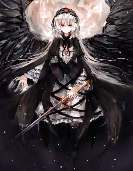 Anime picture 1433x1846 with rozen maiden suigintou long hair tall image fringe red eyes standing white hair lolita fashion goth-loli gothic albino girl dress ribbon (ribbons) weapon hair ribbon sword wings headdress