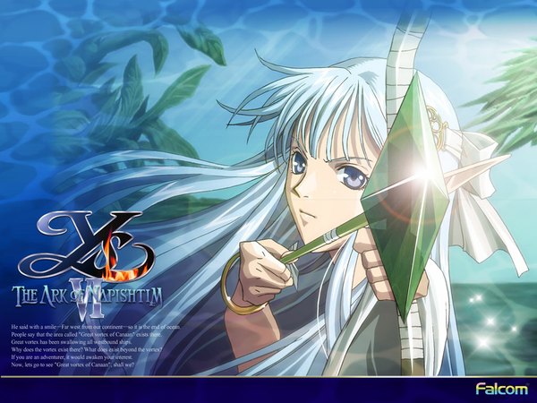 Anime picture 1024x768 with ys ys vi ark of napishtim olha (ys) long hair silver hair grey eyes copyright name archery girl bow plant (plants) hair bow bracelet