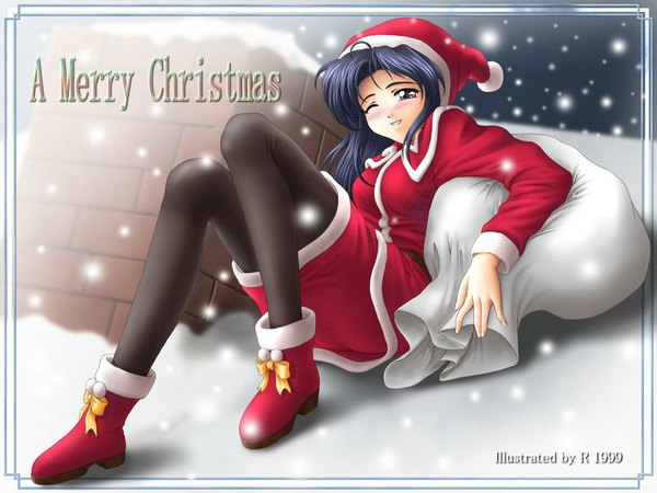 Anime picture 1024x768 with blue hair snowing christmas winter snow tagme