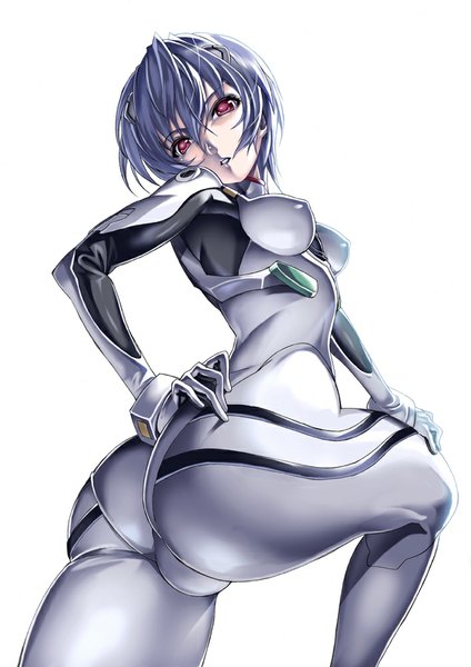 Anime picture 707x1000 with neon genesis evangelion gainax ayanami rei saburou (hgmg) single tall image short hair breasts light erotic simple background red eyes white background purple hair ass looking back erect nipples hand on hip covered nipples girl bodysuit