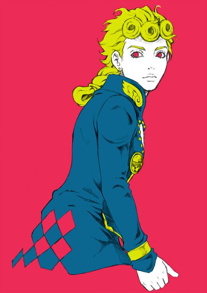 Anime picture 566x800 with jojo no kimyou na bouken giorno giovanna chounorin single long hair tall image simple background blonde hair red eyes looking away upper body piercing drill hair ear piercing red background boy