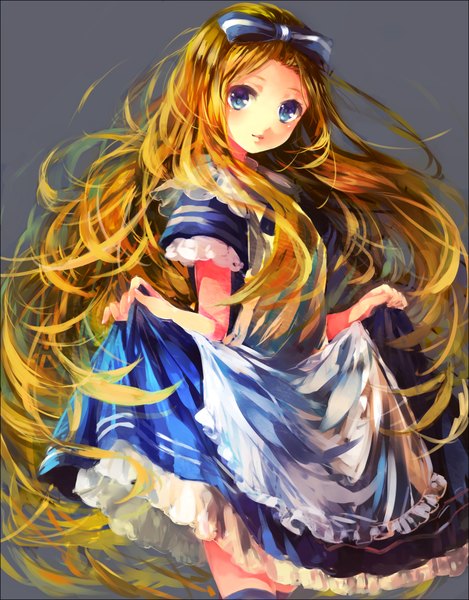 Anime picture 1564x2000 with alice in wonderland alice (wonderland) haru akinosuke single long hair tall image looking at viewer blush blue eyes simple background blonde hair smile standing grey background girl thighhighs dress hair ornament bow hair bow