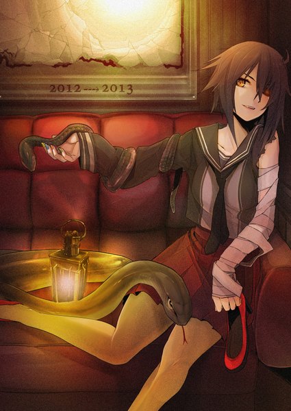 Anime picture 1200x1694 with original yumeko (tokiti) single tall image short hair brown hair yellow eyes nail polish pleated skirt heterochromia multicolored eyes girl skirt animal necktie shoes boots bandage (bandages) couch snake