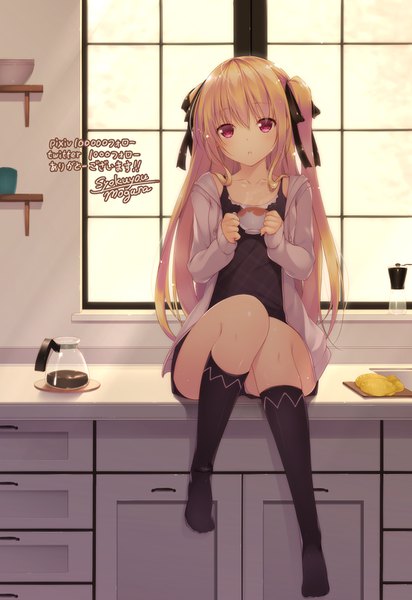 Anime picture 1100x1600 with toloveru toloveru darkness xebec konjiki no yami shokuyou mogura single long hair tall image looking at viewer fringe light erotic blonde hair hair between eyes red eyes sitting holding signed full body bent knee (knees) indoors