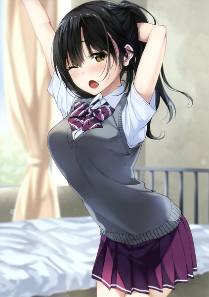 Anime picture 2398x3402 with original unasaka ryou single long hair tall image looking at viewer blush highres open mouth black hair brown eyes ponytail one eye closed arm up scan yawn girl skirt uniform school uniform