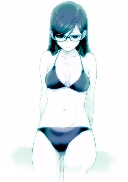 Anime picture 1097x1553 with original puyo single long hair tall image fringe light erotic black hair simple background standing white background black eyes looking down monochrome hands behind back expressionless white skin girl navel swimsuit